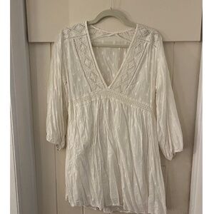 Swiss Dot Embroidered, Deep-V Cotton Mini Babydoll Dress from Zara, Cream, Small